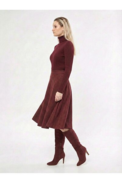 modabirsen Midi Boy Süet Kloş Etek Bordo