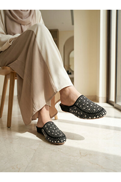 Shoebuo Women's Black Suede Stone House Slippers with Gold Stone Detail, Non-...