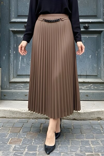 İmajButik Vizon Bel Zincir Detaylı Piliseli Etek