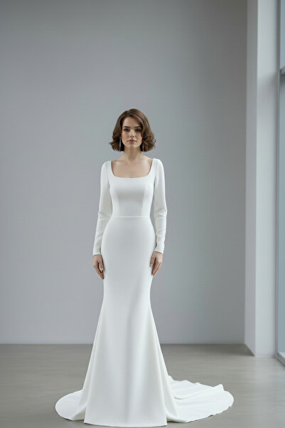 ENDAMIM U Yaka Balık Model Uzun Kollu Maxi Abiye Elbise – Nikah ve Düğün İçin...