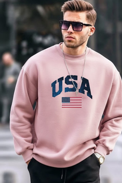 COMBİNE MİCHAİL Ανδρικό φούτερ με στάμπα USA σε ροζ χρώμα