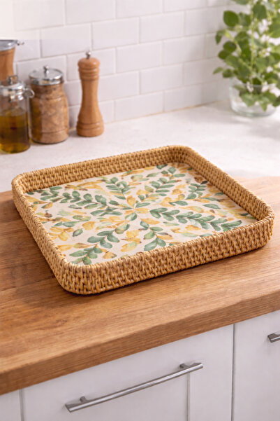 oceanpoint Leaf Patterned Square Rattan Tray, Handmade, Natural Decorative Se...