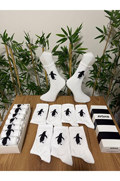 AyganStore 7 Çift Viral Penguen Beyaz Spor Desenli Kolej Çoraplar Özel Hediye...