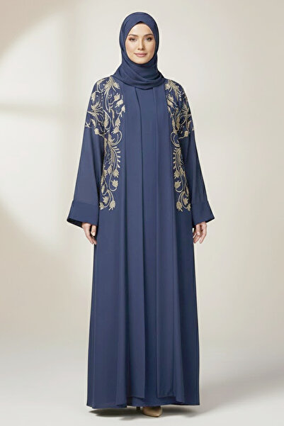 Muchmy طقم عباية أنيق من قطعتين باللون الأزرق الداكن مطرز للنساء، بأكمام طويل...