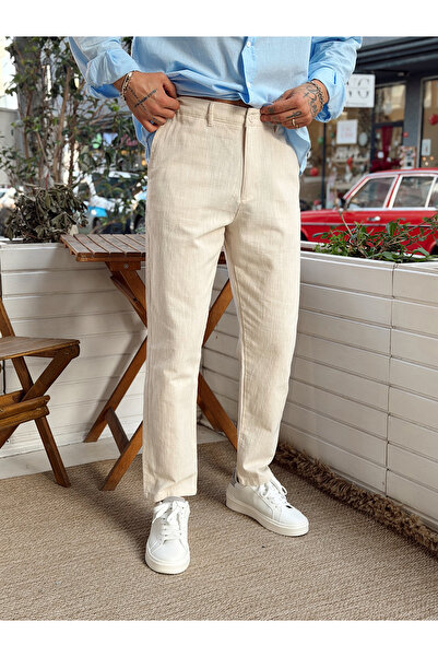 manch collection Italian Cut Linen Trousers Cream