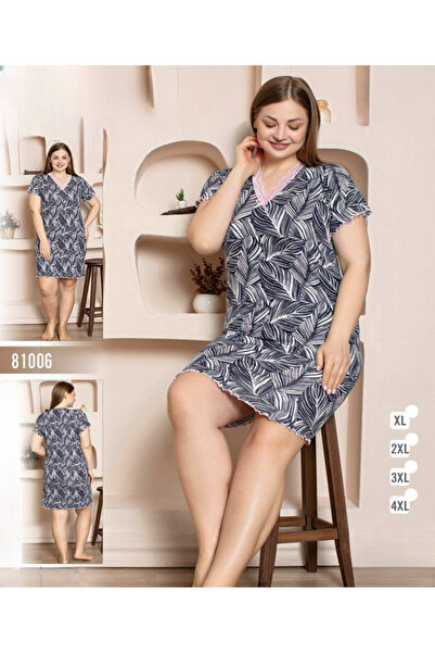 turkish Women's short-sleeved nightgown with a bold leaf print and V-neck lac...