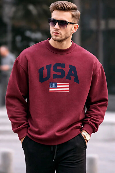 COMBİNE MİCHAİL Ανδρικό φούτερ USA με στάμπα Comfort σε μπορντό χρώμα