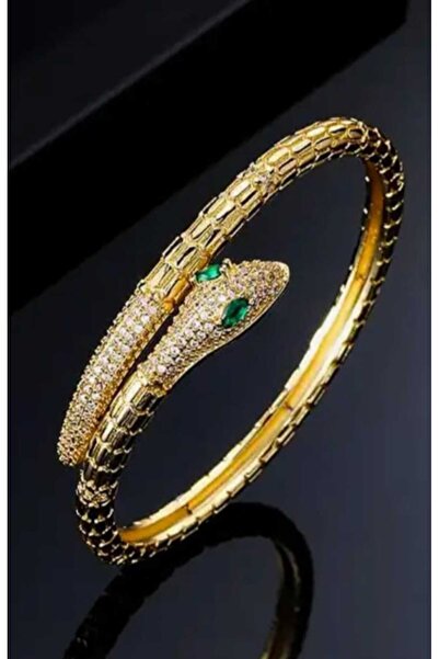 ella'nın çarşısı Yılan Model Zirkon Taşlı Gold Renk Kelepçe Bileklik. Paslanm...