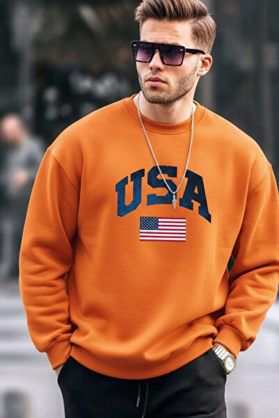 COMBİNE MİCHAİL Men's Usa Print Comfort Orange Sweatshirt