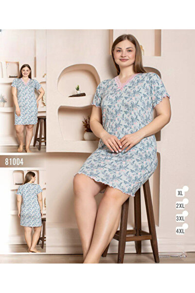 turkish Women's short-sleeved nightgown with a leaf print and embellished V-n...