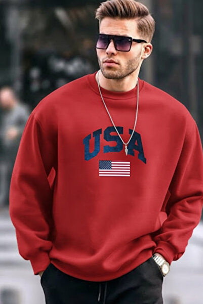 COMBİNE MİCHAİL Men's Usa Print Comfort Red Sweatshirt