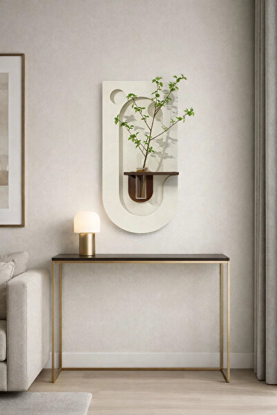 MARIA HOMES Minimalist Cream Wall Art Panel with Wooden Shelf and Glass Flowe...