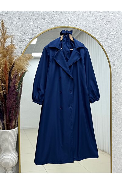 BENAHOLL Doredra Long Trench Coat with Elastic Sleeves and Buttons-Ek174 Navy...