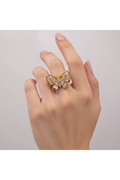 unbranded خاتم أنيق بتصميم فراشة - إكسسوار بتصميم كريستالي ذهبي اللون