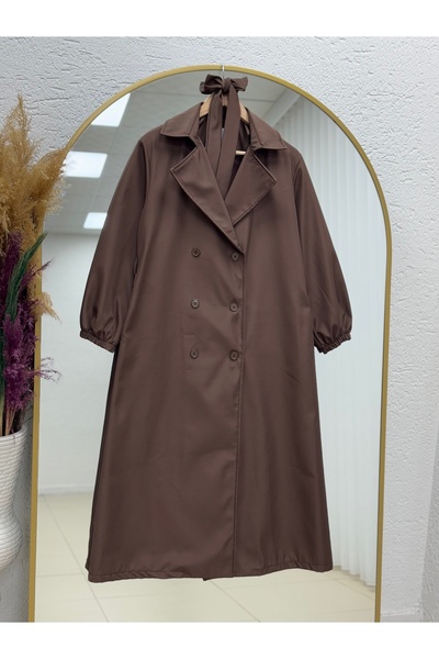 MİHRA STORE Doredra Long Trench Coat with Elasticated Sleeves and Buttons-Ek1...