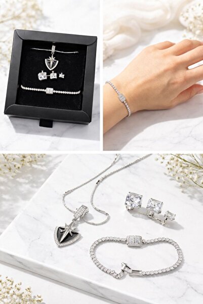 Ascera 316L Çelik 3’lü Takı Seti – Kuzey Yıldızı Kolye Taşlı Baget Bileklik K...