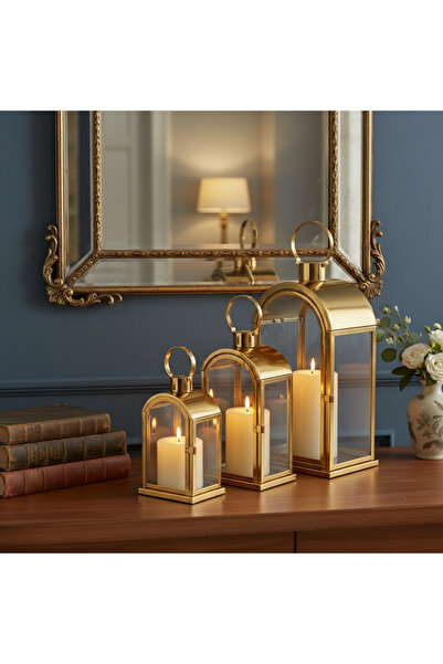Ebticar فانوس معدني مزخرف بزجاج ذهبي – طقم من 3 قطع (أحجام متدرجة)