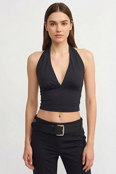 Qaju Women's Halter Neck V Crop Bustier-Black