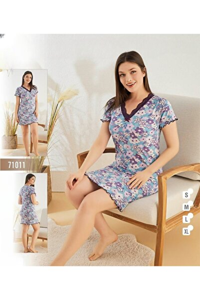 turkish Women's short-sleeved nightgown with a multi-floral print and V-neck ...