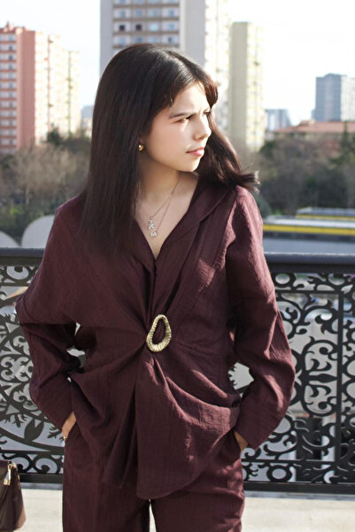 sunfyre Women's Gold Brooch Detail Shirt Pants Set Sun260