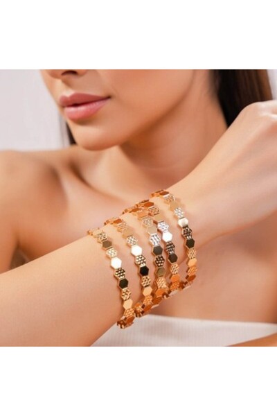 unbranded مجموعة أساور أنيقة بنمط سداسي ذهبي اللون - إكسسوارات أزياء