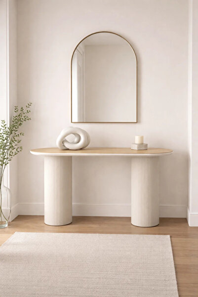 MARIA HOMES Modern Oval Console Table Beige Ribbed Pillar Legs Natural Wood T...