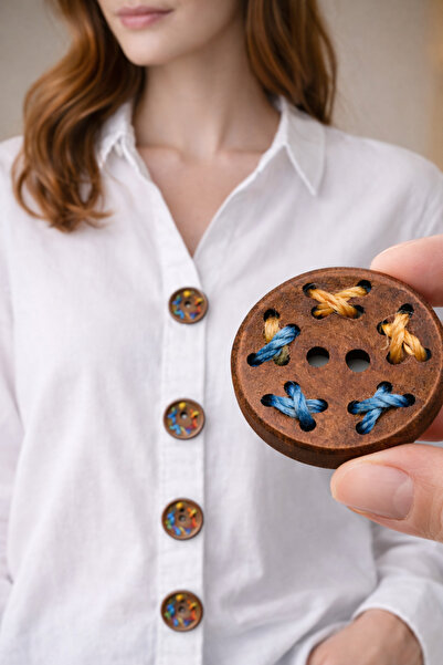 İMREN AKSESUAR Καφέ Φυσικό Ξύλινο Κουμπί Πλακάκι με Έγχρωμο Κλωστό 2,5 εκ. 1 ...