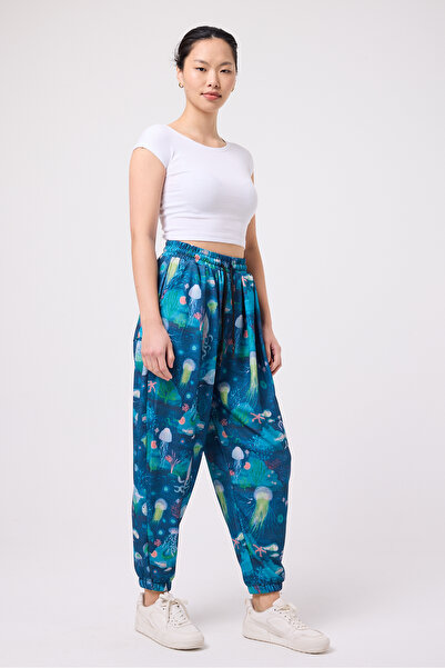 Superbluemexico Women's Street Style Printed Wrinkled Sports Baggy Trousers