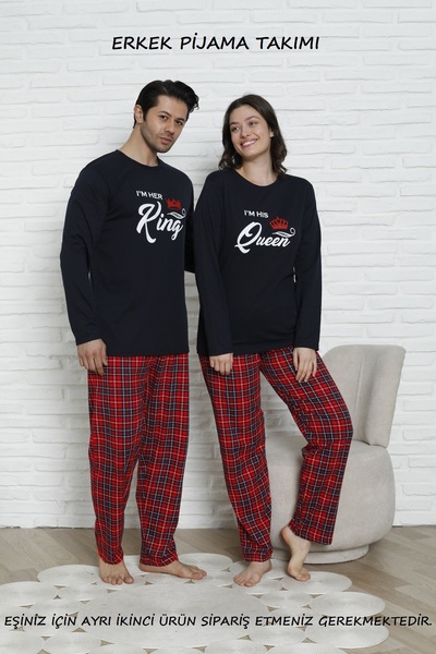 Sevgililer Eşler İçin Çeyizlik Eşli Kısa Kollu Altı Uzun Ekose Lacivert Pijama Takımı