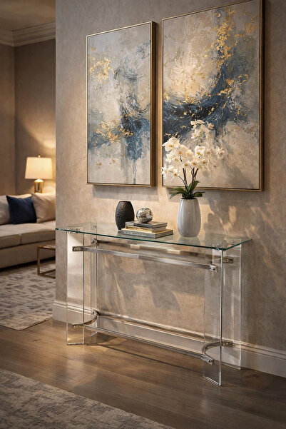 MARIA HOMES Luxury Clear Acrylic Console Table Chrome Silver Metal Frame Temp...