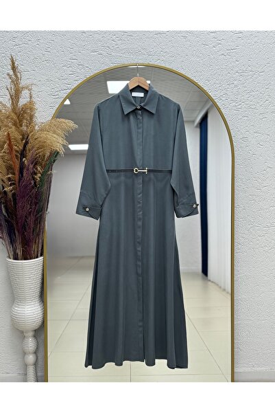 MİHRA STORE Balım Sleeve-End Buttoned Scarf Belted Dress-Şa1121 Anthracite
