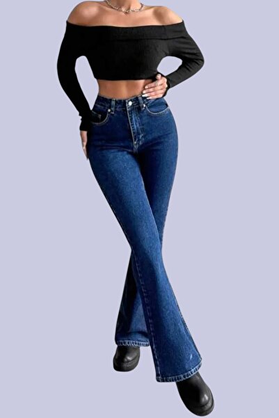 Livik بنطلون جينز نسائي من Buisa باللون الأزرق الداكن عالي الخصر مصنوع من قما...