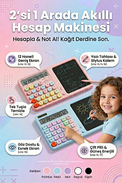 ellante Akıllı Not Defterli Hesap Makinesi: 12 Hane, Tek Tuşla Silinebilir Ek...