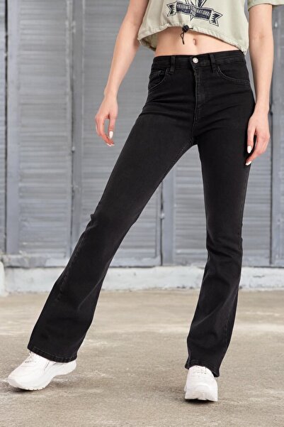 Livik Pantaloni de blugi negri Mulan pentru fete, cu picior evazat, din lycra