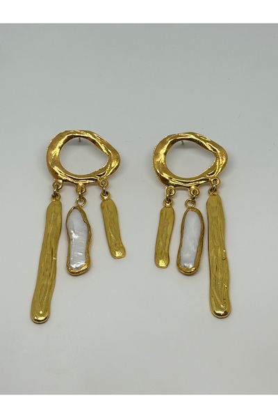 Tasarım Special Asymmetrical Gold Dangle Earrings for Women with Pearl Detail