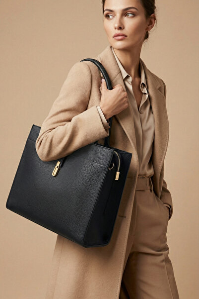 Gaia Rinaldi Kadın Siyah Evrak Çantası | Kilit Detaylı, 3 Bölmeli, Ayarlanabi...