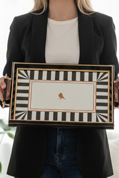 ALBETTO Black Framed Luxury Presentation Tray with Bird Motif - 44X30 cm