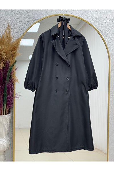 MİHRA STORE Doredra Long Trench Coat with Elasticated Sleeves and Buttons-Ek1...