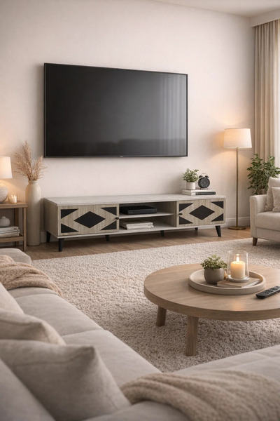 MARIA HOMES Stylish Beige TV Unit 180cm Modern Media Console with Geometric S...