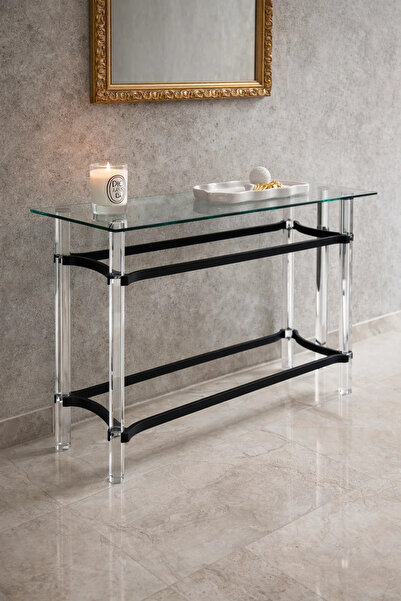 MARIA HOMES Elegant Acrylic and Glass Console Table with Black Accents Modern...