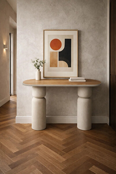 MARIA HOMES Minimalist Beige and Wood Console Table for Hallway Entryway Mode...