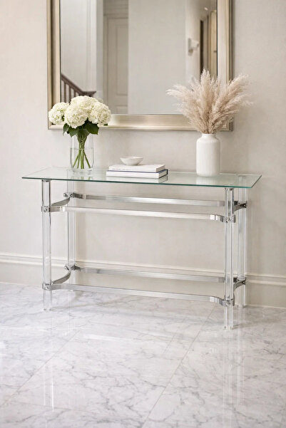 MARIA HOMES Modern Silver Chrome Acrylic Console Table Glass Top for Entryway...