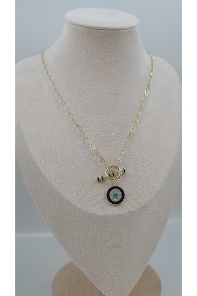 Jerie Gold Ataç Zincir Mavi Mineli Daire Tasarım Kolye