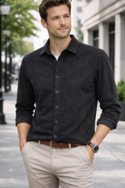 EMPEROR APPAREL Erkek Siyah Uzun Kollu Süet Gömlek