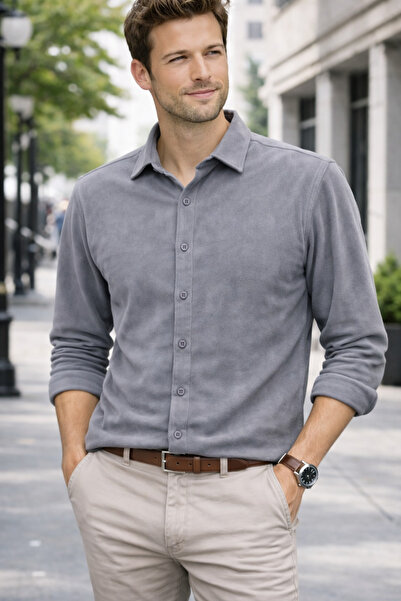 EMPEROR APPAREL Erkek Gri Uzun Kollu Süet Gömlek