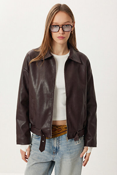 Lovelyİstanbul Belted Faux Leather Bomber Jacket Loh0013 Mürdüm