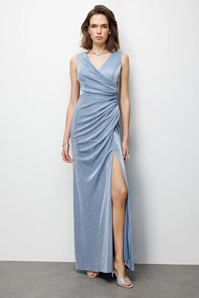 Ekol Büzgü Detaylı Yırtmaçlı Simli Elbise 6082