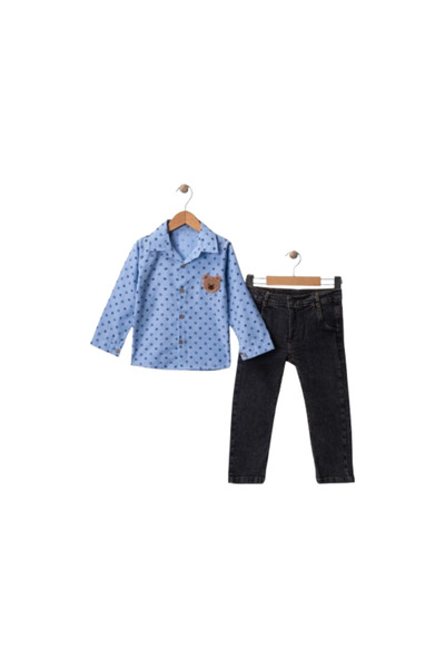 GENERAL طقم ولادي قميص ازرق بأكمام طويلة مع بنطلون لعمر 2 إلى 5 سنوات - صناعة...