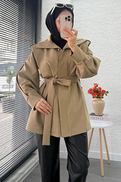MELEK ARAZ Premium Hakim Collar Epaulet Lined Women's Trench Coat - Beige