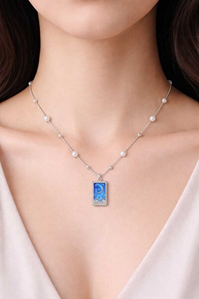 Bittox Women's Silver Color Pearl Detailed Rectangular Necklace - Elegant Nec...